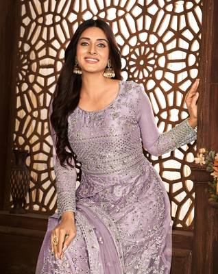 PURPLE NET ANARKALI EMBROIDERED WORK LONG SALWAR SUIT DUPATTA 2