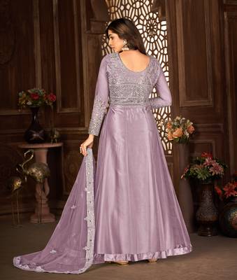 PURPLE NET ANARKALI EMBROIDERED WORK LONG SALWAR SUIT DUPATTA 3