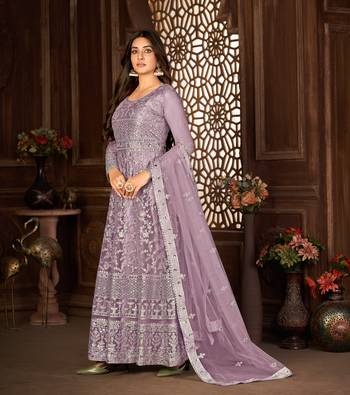 PURPLE NET ANARKALI EMBROIDERED WORK LONG SALWAR SUIT DUPATTA 4