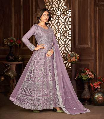 PURPLE NET ANARKALI EMBROIDERED WORK LONG SALWAR SUIT DUPATTA 5