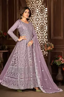PURPLE NET ANARKALI EMBROIDERED WORK LONG SALWAR SUIT DUPATTA