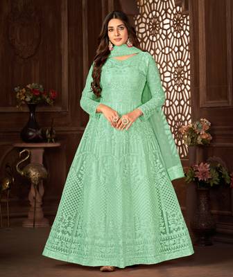GREEN NET ANARKALI EMBROIDERED WORK LONG SALWAR SUIT DUPATTA 1