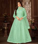 GREEN NET ANARKALI EMBROIDERED WORK LONG SALWAR SUIT DUPATTA