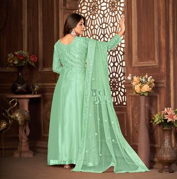 GREEN NET ANARKALI EMBROIDERED WORK LONG SALWAR SUIT DUPATTA 3