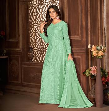 GREEN NET ANARKALI EMBROIDERED WORK LONG SALWAR SUIT DUPATTA 4