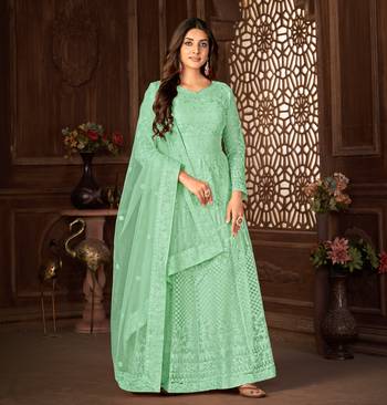 GREEN NET ANARKALI EMBROIDERED WORK LONG SALWAR SUIT DUPATTA 5