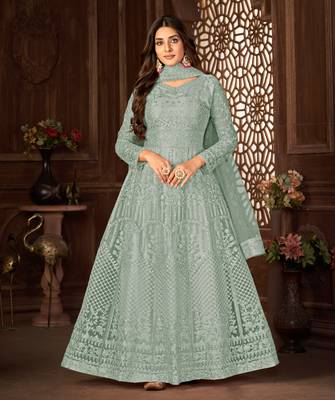 GREY NET ANARKALI EMBROIDERED WORK LONG SALWAR SUIT DUPATTA 1