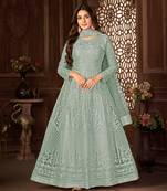 GREY NET ANARKALI EMBROIDERED WORK LONG SALWAR SUIT DUPATTA