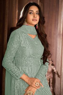 GREY NET ANARKALI EMBROIDERED WORK LONG SALWAR SUIT DUPATTA 2
