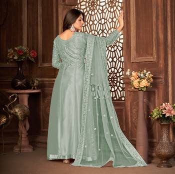 GREY NET ANARKALI EMBROIDERED WORK LONG SALWAR SUIT DUPATTA 3