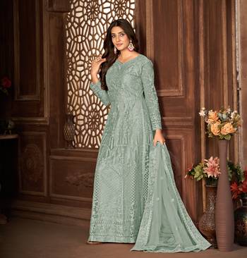 GREY NET ANARKALI EMBROIDERED WORK LONG SALWAR SUIT DUPATTA 4