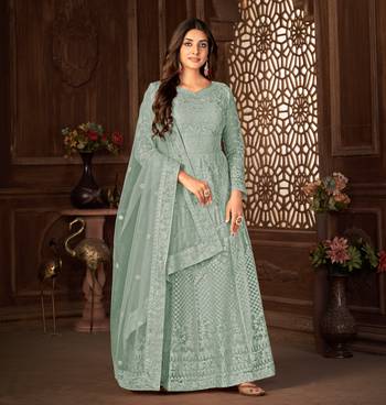 GREY NET ANARKALI EMBROIDERED WORK LONG SALWAR SUIT DUPATTA 5