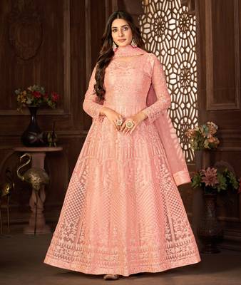PEACH NET ANARKALI EMBROIDERED WORK LONG SALWAR SUIT DUPATTA 1