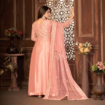 PEACH NET ANARKALI EMBROIDERED WORK LONG SALWAR SUIT DUPATTA 3