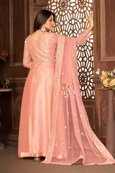 PEACH NET ANARKALI EMBROIDERED WORK LONG SALWAR SUIT DUPATTA