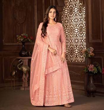 PEACH NET ANARKALI EMBROIDERED WORK LONG SALWAR SUIT DUPATTA 5