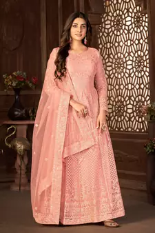 PEACH NET ANARKALI EMBROIDERED WORK LONG SALWAR SUIT DUPATTA