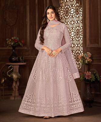PURPLE NET ANARKALI EMBROIDERED WORK LONG SALWAR SUIT DUPATTA 1