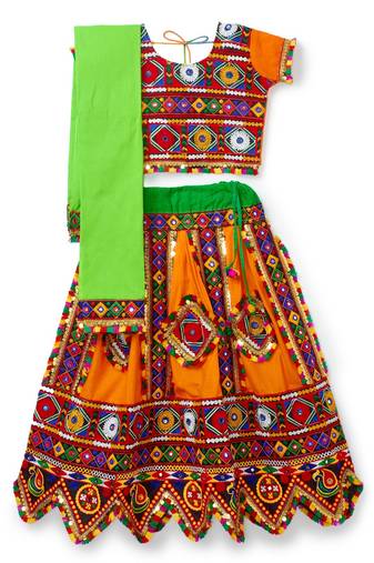 Banjara India Kutchi Embroidered Girls Chaniya Choli with Dupatta (CC-PTW) - Orange