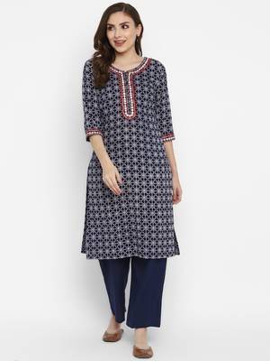 Ajrak Hand Block Print  Cotton Embroidered Kurta  1