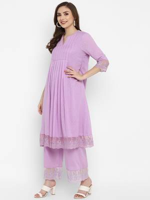 Lavender Cotton Moss Butta Kurta Pant Set 4