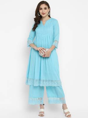Turquoise Cotton Moss Butta Kurta Pant Set 1