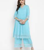 Turquoise Cotton Moss Butta Kurta Pant Set