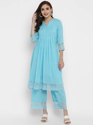 Turquoise Cotton Moss Butta Kurta Pant Set 2
