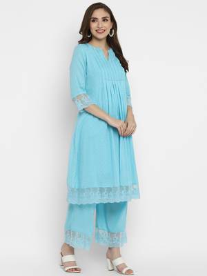 Turquoise Cotton Moss Butta Kurta Pant Set 4