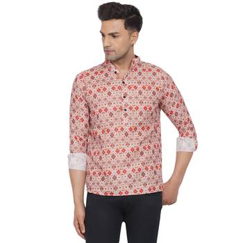 Beige printed cotton men-kurtas 1