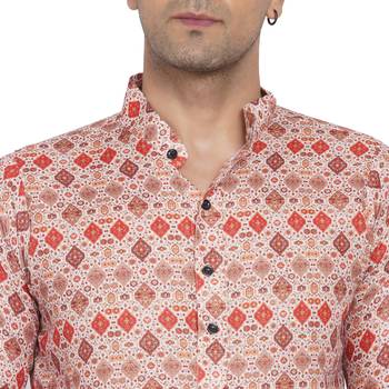 Beige printed cotton men-kurtas 2