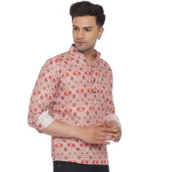 Beige printed cotton men-kurtas 3