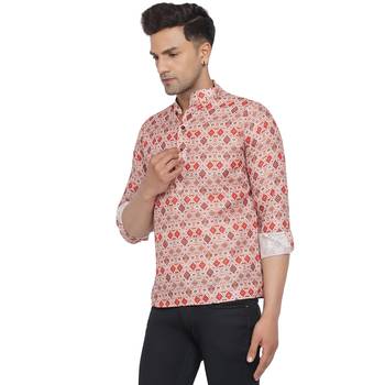 Beige printed cotton men-kurtas 4