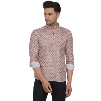 Beige printed cotton men-kurtas 1