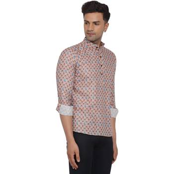 Beige printed cotton men-kurtas 2