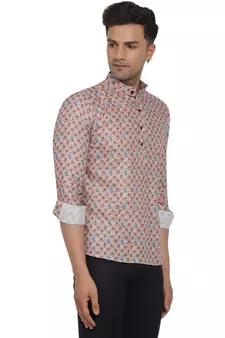 Beige printed cotton men-kurtas
