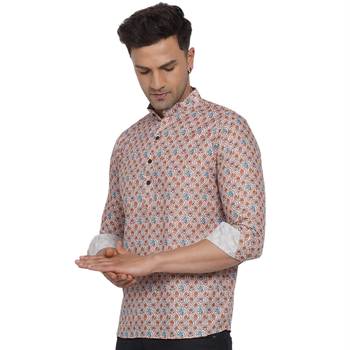 Beige printed cotton men-kurtas 3