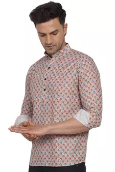 Beige printed cotton men-kurtas