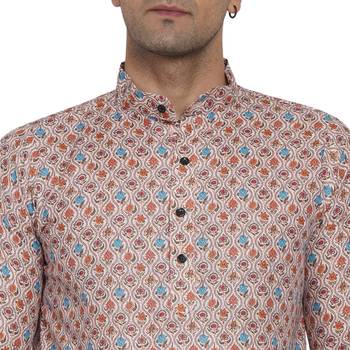 Beige printed cotton men-kurtas 5