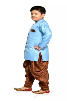 ANAN Kid's Festive & Party Sky Blue Sherwani and Rust Patiala Set  ( Sky Blue Pack of 1 )