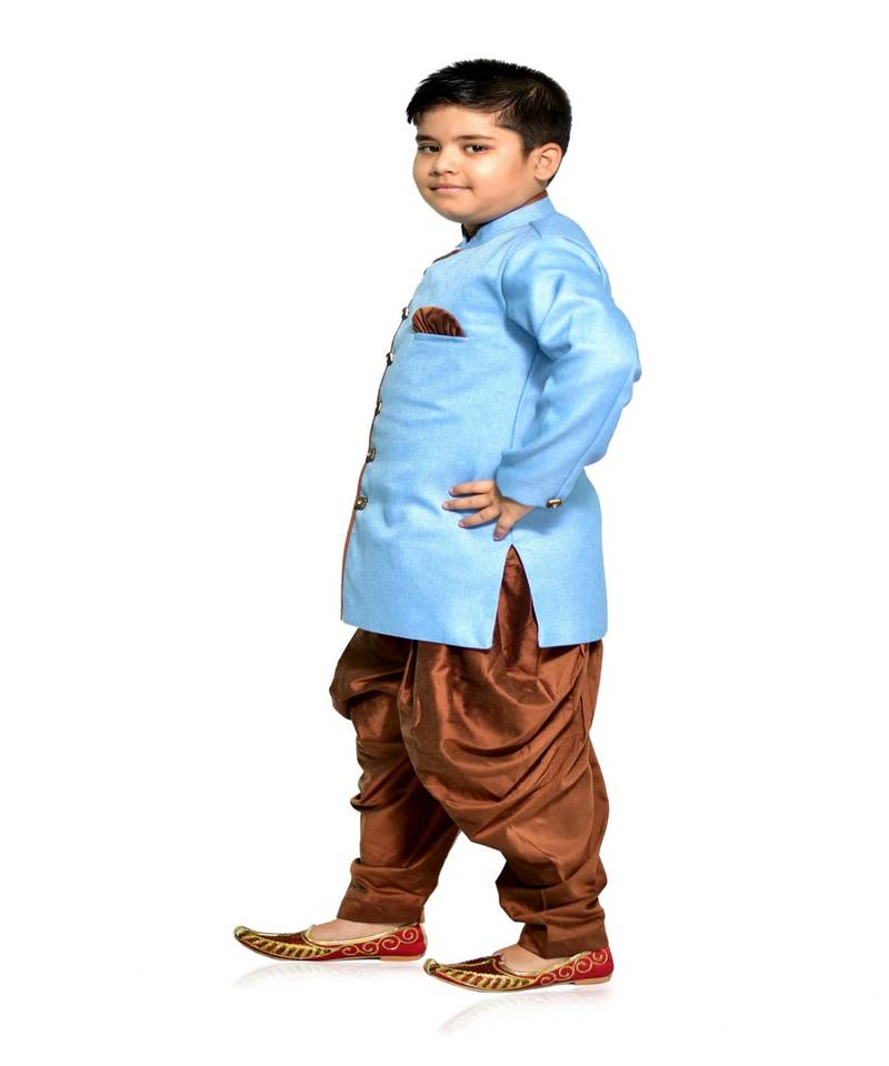 ANAN Kid's Festive & Party Sky Blue Sherwani and Rust Patiala Set  ( Sky Blue Pack of 1 )