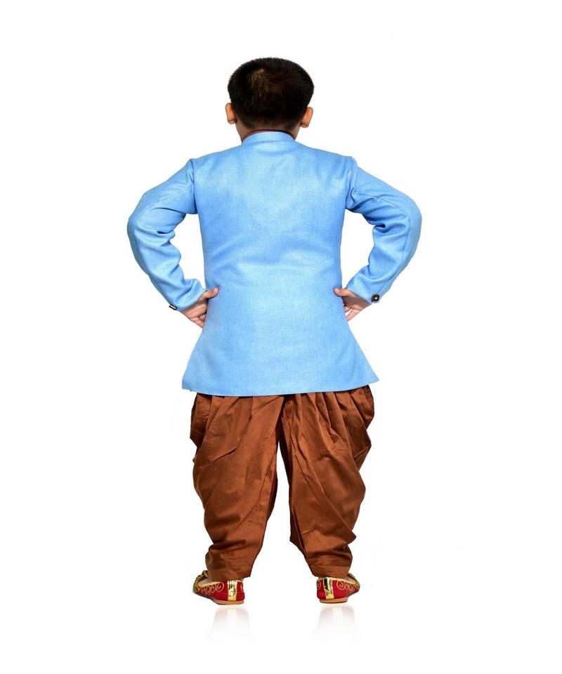 ANAN Kid's Festive & Party Sky Blue Sherwani and Rust Patiala Set  ( Sky Blue Pack of 1 )