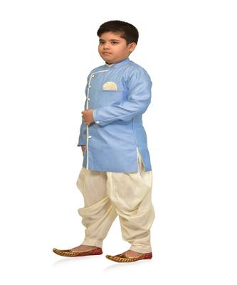 ANAN Kid's Festive & Party Sky Blue Sherwani and White Patiala Set  ( Sky Blue Pack of 1 ) 2