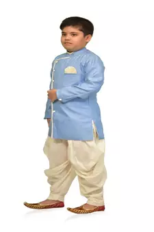 ANAN Kid's Festive & Party Sky Blue Sherwani and White Patiala Set  ( Sky Blue Pack of 1 )