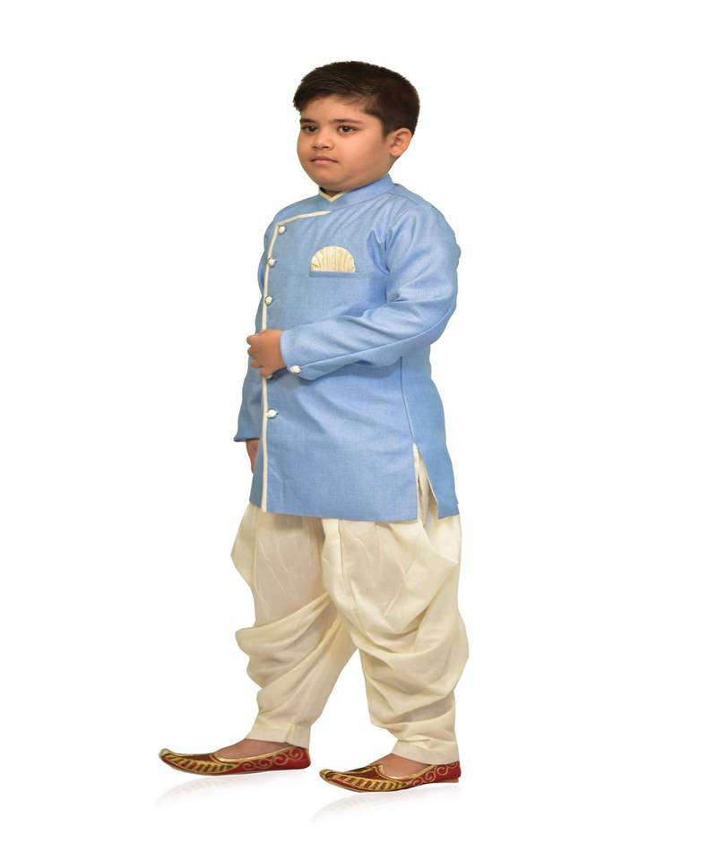 ANAN Kid's Festive & Party Sky Blue Sherwani and White Patiala Set  ( Sky Blue Pack of 1 )