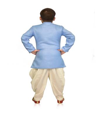 ANAN Kid's Festive & Party Sky Blue Sherwani and White Patiala Set  ( Sky Blue Pack of 1 ) 3