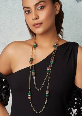 Gold Polish Layered Necklace With Multi-Colour Agates 1