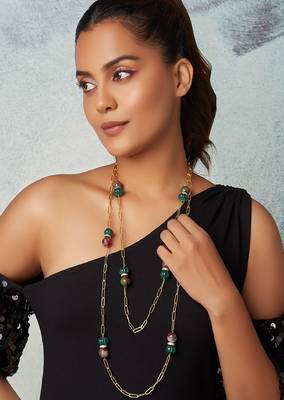 Gold Polish Layered Necklace With Multi-Colour Agates 2