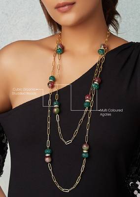 Gold Polish Layered Necklace With Multi-Colour Agates 4