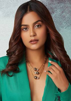Gold Polish Layered Necklace With Brown Pearls 2